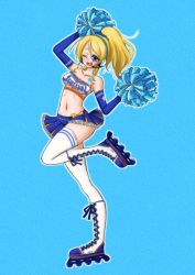 Rule 34 | 1girl, ;), aqua background, aqua pom poms, artist name, artist request, ayase eli, bandeau, bare shoulders, blonde hair, blue eyes, blue gloves, blue skirt, blush, bow, breasts, cheerleader, chest tattoo, cleavage, clothes writing, collarbone, cross-laced footwear, elbow gloves, female focus, fingerless gloves, frilled skirt, frills, full body, gloves, hair between eyes, hair ornament, headphones, headset, high ponytail, highres, holding, holding pom poms, long hair, looking at viewer, love live!, love live! school idol festival, love live! school idol project, microphone, midriff, milmo (mrmrmrmmzn), miniskirt, one eye closed, paradise live, parted lips, plaid, plaid skirt, pleated, pleated skirt, pom pom (cheerleading), pom pom (clothes), pom poms, ponytail, ribbon, roller skates, shirt, shoes, short hair, skates, skirt, small breasts, smile, solo, standing, standing on one leg, star (symbol), star hair ornament, star print, star tattoo, strapless, takaramonozu, tattoo, teeth, white bandeau, white footwear, white legwear, white shirt, wink, yellow bow
