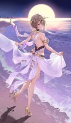 Rule 34 | 1girl, absurdres, arabian clothes, backless outfit, bare shoulders, beach, brown hair, closed mouth, full body, full moon, gold footwear, hair ornament, hair over one eye, high heels, highres, honkai (series), honkai impact 3rd, looking at viewer, looking back, moon, night, night sky, purple eyes, rita rossweisse, rita rossweisse (spina astera), sky, smile, solo, standing, standing on one leg, star (sky), starry sky, water, zhongwu chahui