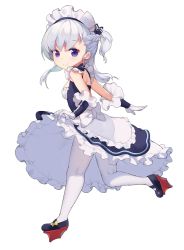 Rule 34 | 1girl, azur lane, belfast (azur lane), blue dress, braid, clothes lift, dress, dress lift, female focus, from behind, full body, gloves, highres, jehyun, kneepits, leg up, lifted by self, little bel (azur lane), long hair, looking back, maid headdress, mary janes, pantyhose, purple eyes, running, shoes, silver hair, simple background, sleeveless, sleeveless dress, smile, solo, white background, white gloves, white pantyhose