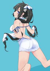 Rule 34 | 10s, 1girl, ass, back, backless outfit, bare back, bare legs, black hair, blue eyes, blush stickers, breasts, dungeon ni deai wo motomeru no wa machigatteiru darou ka, gloves, gnosis (ylyk), hair ornament, hands in hair, hestia (danmachi), highres, kneeling, long hair, rei no himo, ribbon, sideboob, skindentation, solo, twintails, white gloves