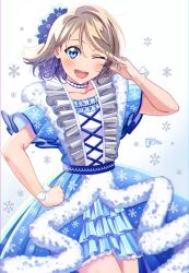 Rule 34 | blue eyes, brown hair, flower, frills, gloves, hair flower, hair ornament, highres, love live!, love live! sunshine!!, ojyomu, open mouth, salute, simple background, skirt, smile, snow, snowflakes, thighs, watanabe you
