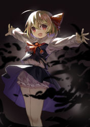 Rule 34 | 1girl, absurdres, artist name, bad id, bad pixiv id, black skirt, black vest, blonde hair, bloomers, blouse, blurry, chinese commentary, commentary request, darkness, depth of field, fang, feet out of frame, grey background, hair ribbon, highres, hxj (2324184595), looking at viewer, open mouth, outstretched arms, red eyes, red neckwear, red ribbon, ribbon, rumia, shirt, short hair, skirt, smile, solo, spread arms, touhou, underwear, vest, white shirt, wind, wind lift