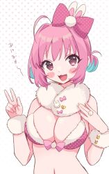 Rule 34 | 1girl, ahoge, animal ears, bikini, blush stickers, bow, breasts, commentary, double bun, fang, fur-trimmed bikini, fur trim, gradient background, hair bun, hair intakes, hands up, highres, idolmaster, idolmaster cinderella girls, large breasts, looking at viewer, multicolored hair, navel, open mouth, pink bikini, pink bow, pink eyes, pink hair, polka dot, polka dot background, polka dot bikini, polka dot bow, rabbit ears, raised eyebrows, skin fang, smile, solo, sukoyaka (100hituzi), swimsuit, symbol-only commentary, translated, two-tone hair, upper body, w, yumemi riamu