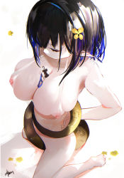 Rule 34 | 1girl, arknights, arm behind back, artist name, bare shoulders, between breasts, bikini, black hair, blue hair, bottomless, breasts, cleavage, closed eyes, covered erect nipples, eunectes (arknights), eunectes (forgemaster) (arknights), flower, hair flower, hair ornament, highres, kneeling, large breasts, medium hair, micro bikini, multicolored hair, nipples, omone hokoma agm, pointy ears, see-through, signature, snake tail, solo, sweat, swimsuit, tail, tail censor, tail wrap, white background, yellow flower