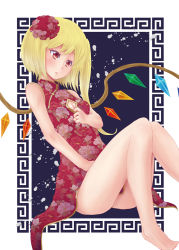 Rule 34 | 1girl, alternate costume, bare legs, barefoot, blonde hair, blush, breasts, china dress, chinese clothes, cleavage, cleavage cutout, clothing cutout, dorogumi, dress, female focus, flandre scarlet, hair bun, hair ornament, knees together feet apart, no headwear, no headwear, red eyes, short hair, side ponytail, single hair bun, solo, touhou, wings