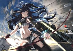 Rule 34 | 10s, 1girl, armor, arrow (projectile), black hair, bow (weapon), breastplate, highres, japanese clothes, kantai collection, katsuragi (kancolle), long hair, ponytail, remodel (kantai collection), smile, solo, tsuuhan, weapon