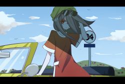 Rule 34 | 10s, 1girl, aie, bad id, bad pixiv id, car, cloud, day, eyewear on head, hair over one eye, hat, letterboxed, little witch academia, long hair, motor vehicle, pale skin, purple hair, red eyes, sky, smile, solo, sucy manbavaran, sunglasses