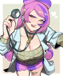 Rule 34 | 1girl, absurdres, bandaid, bandaid on leg, border, breasts, cleavage, coat, creatures (company), double bun, earrings, from above, game freak, green eyes, green sweater, hair bun, hand up, highres, holding, holding stethoscope, jewelry, lab coat, large breasts, long hair, looking at viewer, miriam (pokemon), multicolored hair, nintendo, open clothes, open coat, outside border, pink hair, pink skirt, pokemon, pokemon sv, porqueloin, pov, purple hair, purple skirt, skirt, solo, stethoscope, sweater, tongue, tongue out, two-tone hair, two-tone skirt, white border, white coat