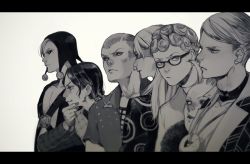 Rule 34 | 6+boys, curly hair, formaggio, ghiaccio, glasses, greyscale, hand on own chin, hat, illuso, jacket, jewelry, jojo no kimyou na bouken, letterboxed, long hair, male focus, mask, melone, monochrome, multiple boys, necklace, pesci, prosciutto, risotto nero, toshiki, vento aureo