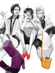 Rule 34 | 3boys, cafewall, high heels, image sample, izou (one piece), male focus, multiple boys, one piece, pixiv sample, portgas d. ace, purple footwear, red footwear, resized, scar, shoes, sitting, smoking pipe, spot color, thatch, topless male