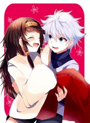 Rule 34 | 2boys, :d, ^ ^, alluka zoldyck, androgynous, bad id, bad pixiv id, blue eyes, brothers, brown hair, carrying, closed eyes, hage ta, hairband, holding, hunter x hunter, killua zoldyck, long hair, male focus, multi-tied hair, multiple boys, open mouth, outside border, red background, short hair, siblings, smile, trap, white hair