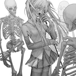 Rule 34 | 1girl, bare shoulders, breasts, detached sleeves, hair ornament, hatsune miku, highres, holding, holding microphone, holding microphone stand, long hair, microphone, microphone stand, necktie, open mouth, sasakyu, shirt, simple background, skeleton, skirt, sleeveless, small breasts, thighhighs, twintails, very long hair, vocaloid