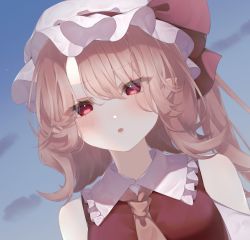 Rule 34 | 1girl, :o, adapted costume, ascot, bare shoulders, blonde hair, blush, breasts, day, flandre scarlet, frilled shirt collar, frills, from below, hair between eyes, hat, highres, hisu (hisu ), mob cap, open mouth, outdoors, pointy ears, red eyes, sky, small breasts, solo, touhou, upper body, yellow ascot