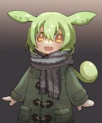 Rule 34 | 1girl, alternate costume, blush, coat, commentary request, cowboy shot, gradient background, green coat, green hair, grey background, grey scarf, hair between eyes, long hair, long sleeves, looking at viewer, mittens, nahori (hotbeans), open mouth, personification, scarf, smile, solo, voicevox, white mittens, yellow eyes, zundamon