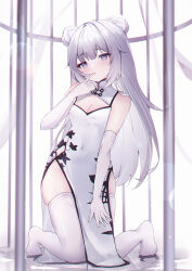 Rule 34 | 1girl, :o, absurdres, azur lane, backlighting, bare shoulders, birdcage, blush, breasts, cage, china dress, chinese clothes, chromatic aberration, cleavage, cleavage cutout, clothing cutout, covered navel, double bun, dress, elbow gloves, finger to mouth, floral print, full body, gloves, grey eyes, hair bun, hand to own mouth, hand up, highres, kneeling, le malin (azur lane), light particles, long hair, looking at viewer, no shoes, open mouth, parted lips, pelvic curtain, side slit, sidelocks, skindentation, sleeveless, sleeveless dress, small breasts, solo, thighhighs, thighs, usagi (786113654), very long hair, white dress, white gloves, white hair, white theme, white thighhighs