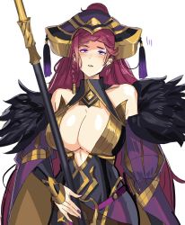 Rule 34 | 1girl, blush, braid, breasts, cleavage, collar, detached sleeves, dress, earrings, feather trim, feathers, fire emblem, fire emblem heroes, hat, highres, holding, holding staff, jewelry, large breasts, lips, loki (fire emblem), long hair, nail polish, nintendo, ormille, parted lips, ponytail, purple dress, purple eyes, purple hair, purple nails, scepter, shiny skin, simple background, staff, stud earrings, very long hair, white background