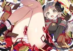 Rule 34 | + +, 1girl, absurdres, black horns, black jacket, blue archive, blush, breasts, burger, curled horns, demon horns, food, hair ornament, hairclip, halo, highres, horns, izumi (blue archive), jacket, kiwidoyo, large breasts, light brown hair, long hair, looking at viewer, mismatched pupils, open mouth, panties, pantyshot, red skirt, skirt, smile, socks, solo, striped clothes, striped panties, underwear, white socks