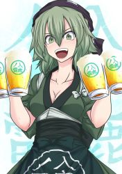 Rule 34 | 1girl, :d, adapted costume, alcohol, apron, bandana, beer, beer mug, benizuwai, blue background, blush, bow, breasts, cleavage, clothes writing, collarbone, commentary request, cup, drinking glass, green apron, green eyes, green hair, green kimono, grey bow, hair between eyes, hands up, head scarf, highres, holding, holding cup, japanese clothes, kimono, looking at viewer, looking down, medium breasts, mug, open mouth, sash, sleeves rolled up, smile, soga no tojiko, solo, sweat, tasuki, touhou, upper body, v-shaped eyebrows, waist apron