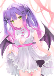 Rule 34 | 1girl, absurdres, black ribbon, blush, breasts, cleavage, cleavage cutout, clothing cutout, cowboy shot, demon tail, demon wings, dress, frilled dress, frills, green eyes, hair ornament, hair ribbon, hairclip, heart, heart tattoo, highres, hololive, leg tattoo, long hair, looking at viewer, medium breasts, multicolored hair, parted lips, piercing, pink hair, purple hair, ribbon, ririge, skirt hold, sleeveless, sleeveless dress, solo, standing, tail, tail ornament, tail piercing, tattoo, tokoyami towa, two-tone hair, two side up, virtual youtuber, white dress, wings