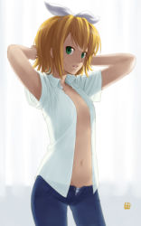 Rule 34 | 1girl, adjusting hair, armpit peek, arms behind head, arms up, bad id, bad pixiv id, blonde hair, denim, dressing, flat chest, green eyes, hair ribbon, highres, jeans, kagamine rin, nagian, navel, no bra, open clothes, open fly, open shirt, panties, pants, panty peek, pantyshot, ribbon, shirt, short hair, solo, striped clothes, striped panties, unbuttoned, underwear, unzipped, vocaloid, white shirt