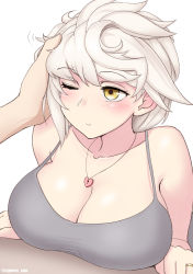 Rule 34 | 1boy, 1girl, :&gt;, alternate costume, asymmetrical bangs, breast press, breasts, cleavage, cypress, grey tank top, headpat, heart lock (kantai collection), highres, jewelry, kantai collection, large breasts, necklace, one eye closed, ring, simple background, smile, solo focus, tank top, unryuu (kancolle), wedding band, white background, white hair, yellow eyes