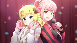 Rule 34 | 2girls, back-to-back, blonde hair, blue eyes, blunt bangs, blurry, breasts, confetti, curtains, depth of field, headphones, headphones around neck, highres, holding, holding microphone, hololive, hololive english, horns, jacket, large breasts, microphone, mori calliope, mori calliope (streetwear), multiple girls, open mouth, pink hair, ponytail, red curtains, red eyes, sheep girl, sheep horns, sidelocks, smile, striped clothes, striped jacket, tsunomaki watame, tsunomaki watame (street casual), virtual youtuber, yuikannon