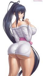 Rule 34 | 1girl, arm at side, artist name, ass, ass focus, belt, black hair, blush, breasts, female focus, hand on own face, hand up, high school dxd, highres, himejima akeno, huge ass, impossible clothes, japanese clothes, kimono, large breasts, long hair, looking at viewer, miniskirt, patreon username, ponytail, purple eyes, shiny skin, sideboob, skin tight, skindentation, skirt, solo, standing, superbusty, tongue, tongue out, watermark, web address