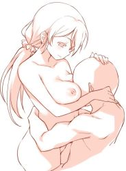 Rule 34 | 1boy, 1girl, between breasts, breasts, collarbone, completely nude, duke (inu daimyou), faceless, faceless male, hair ornament, hair scrunchie, hand on another&#039;s head, head between breasts, hetero, hug, large breasts, long hair, love live!, love live! school idol project, monochrome, navel, nipples, nude, red theme, scrunchie, smile, tojo nozomi, twintails
