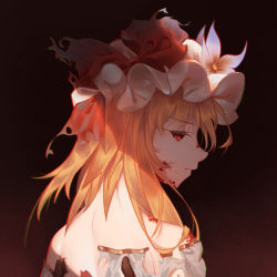 Rule 34 | 1girl, aier (2835730563), bare shoulders, blonde hair, blood, blood on face, bow, closed mouth, commentary, flandre scarlet, flower, from behind, frown, hat, hat bow, hat flower, long hair, looking at viewer, looking back, mob cap, portrait, purple flower, red bow, red eyes, shirt, solo, torn clothes, torn shirt, touhou, white hat, white shirt