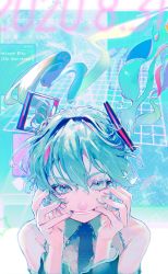 Rule 34 | 1girl, 2020, anniversary, dissolving, green eyes, green hair, hands on own face, hatsune miku, highres, long hair, looking at viewer, mawarusanso, nail polish, necktie, sleeveless, smile, solo, twintails, vocaloid