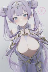 Rule 34 | 1girl, anger vein, arm guards, bare shoulders, belt, blue eyes, blush, breasts, britomart (fate), britomart (second ascension) (fate), capelet, center opening, cleavage, dagger, double bun, dress, elbow gloves, fate/grand order, fate (series), gloves, gold trim, grey hair, hair bun, hairband, highres, holding, holding own hair, knife, large breasts, long hair, looking at viewer, mun (motamota), navel, pants, pointy ears, pout, solo, spoken anger vein, thighs, tight clothes, tight pants, twintails, very long hair, weapon, white capelet, white dress, white gloves, white pants
