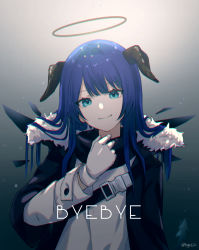 Rule 34 | 1girl, amopui, aqua eyes, arknights, bad id, bad pixiv id, black background, black jacket, blue hair, closed mouth, commentary, demon horns, detached wings, english text, fur-trimmed jacket, fur trim, gloves, gradient background, halo, head tilt, highres, horns, jacket, long hair, long sleeves, looking at viewer, mostima (arknights), open clothes, open jacket, shirt, simple background, smile, solo, strap, turtleneck, twitter username, two-tone background, upper body, white background, white gloves, white shirt, wings