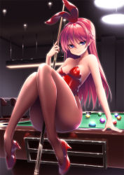 Rule 34 | 1girl, animal ears, armpits, ball, bar (place), bar stool, bare shoulders, between legs, billiard ball, billiards, blush, breasts, brown pantyhose, ceiling fan, cleavage, collarbone, convenient leg, cue stick, eyelashes, fake animal ears, full body, hair over eyes, high heels, holding, indoors, knees together feet apart, knees up, legs, leotard, light, long hair, looking at viewer, on table, original, pantyhose, pink hair, playboy bunny, pochadon, pool table, pumps, purple eyes, rabbit ears, rabbit tail, red footwear, red leotard, reflection, shiny skin, shoes, simple background, sitting, small breasts, smile, solo, stool, strapless, strapless leotard, table, tail, tsurime