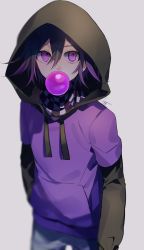Rule 34 | 1boy, alternate costume, black hair, bubble, blowing bubbles, checkered clothes, checkered scarf, chewing gum, danganronpa (series), danganronpa v3: killing harmony, denim, hair between eyes, highres, hood, hoodie, huyuharu0214, jeans, long sleeves, looking at viewer, looking up, male focus, oma kokichi, pants, purple eyes, purple hair, purple hoodie, scarf, short hair, simple background, solo, straitjacket, symbol-only commentary
