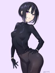 Rule 34 | 1girl, akamoku, bad id, bad pixiv id, black gloves, black hair, black shirt, blush, bodysuit, breasts, brown bodysuit, commentary request, covered collarbone, gloves, groin, hair between eyes, hand on own hip, highres, idolmaster, idolmaster cinderella girls, long sleeves, looking at viewer, pantyhose, parted lips, pink background, purple eyes, shirayuki chiyo, shirt, short hair, sidelocks, simple background, small breasts, solo, sweat, twitter username, v-shaped eyebrows