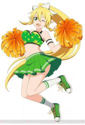 Rule 34 | 10s, 1girl, blonde hair, bouncing breasts, breasts, cheerleader, crop top, full body, green eyes, green skirt, large breasts, leafa, long hair, looking at viewer, midriff, miniskirt, navel, one eye closed, open mouth, pleated skirt, pointy ears, pom pom (cheerleading), ponytail, shoes, simple background, skirt, smile, sneakers, socks, solo, sword art online, sword art online: code register, very long hair, white background, white socks