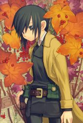 Rule 34 | 1girl, androgynous, arm at side, beige coat, belt, belt pouch, branch, brown belt, cherry, closed mouth, coat, collared coat, collared shirt, cowboy shot, expressionless, flower, food, fruit, green eyes, green hair, green jacket, green pants, gun, highres, holster, holstered, jacket, kino (kino no tabi), kino no tabi, kuroboshi kouhaku, leaf, leather, leather belt, long sleeves, looking away, maple leaf, official art, open clothes, open coat, overcoat, pants, plant, pouch, reverse trap, shirt, shirt under jacket, short hair, sidelocks, solo, standing, tomboy, weapon, white shirt