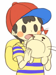 Rule 34 | baseball cap, biseibutu, black hair, blue eyes, child, doseisan, happy, hat, lowres, male focus, mother (game), mother 2, ness (mother 2), nintendo, open mouth, shirt, short hair, shorts, smile, solo, striped clothes, striped shirt
