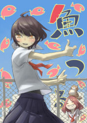 Rule 34 | 2girls, ahoge, animal, animal on head, black hair, black undershirt, blue sky, blush, cat, cat on head, chain-link fence, chiyo maru, closed eyes, commentary, facing another, fence, fish, floating hair, from side, grin, light smile, looking at viewer, looking to the side, medium hair, midriff peek, multiple girls, neckerchief, nervous, on head, open mouth, orange eyes, original, outdoors, outstretched arms, parted bangs, raised eyebrows, red neckerchief, sailor collar, school uniform, serafuku, shirt, short hair, short sleeves, sky, smile, solo focus, sweatdrop, translation request, wavy hair, white sailor collar, white shirt, wind