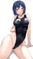 Rule 34 | 1girl, absurdres, adjusting clothes, adjusting swimsuit, black one-piece swimsuit, blue hair, competition swimsuit, cowboy shot, highleg, highleg swimsuit, highres, kairi (miry666), looking at viewer, one-piece swimsuit, original, purple eyes, short hair, simple background, sitting, solo, swimsuit, white background