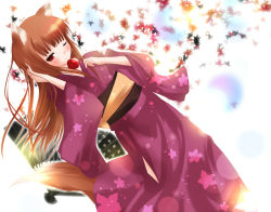 Rule 34 | 00s, 1girl, animal ears, apple, bad id, bad pixiv id, blush, brown hair, candy apple, food, fruit, holo, japanese clothes, kimono, leaf, long hair, mikuri yoru, one eye closed, red eyes, smile, solo, spice and wolf, tail, wink, wolf ears, wolf tail, yukata