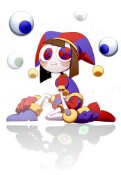 Rule 34 | 137syou, 1girl, asymmetrical gloves, blue eyes, blue gloves, blunt bangs, blunt ends, blush stickers, brown hair, detached eyes, different reflection, dilated pupils, disembodied eye, extra eyes, gloves, green eyes, hat, hat bell, highres, hunched over, jester, jester cap, jester costume, kneeling, looking at viewer, mismatched gloves, multicolored clothes, multicolored hat, nervous sweating, on one knee, paranoid, parted lips, pomni (the amazing digital circus), puffy short sleeves, puffy sleeves, red eyes, red gloves, reflection, short hair, short sleeves, solo, striped clothes, striped headwear, sweat, the amazing digital circus, two-tone eyes, vertical-striped bodysuit, vertical-striped clothes, vertical-striped headwear, when you see it