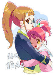 Rule 34 | 2girls, :d, blue jacket, blunt bangs, brown eyes, brown hair, collared shirt, commentary request, food-themed hair ornament, glasses, hair ornament, hug, jacket, long hair, long sleeves, looking at viewer, looking back, minami mirei, moudoku (decopon3rd), multiple girls, open mouth, orange hair ornament, paprika private academy school uniform, pink jacket, ponytail, pretty series, pripara, red hair, sailor collar, school uniform, shiratama mikan, shirt, smile, translation request, white sailor collar, white shirt, wing hair ornament, yellow eyes