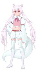 Rule 34 | 10s, androgynous, animal ears, belt, boots, bow, brooch, flat chest, gender request, image sample, jewelry, knee boots, kyubey, long sleeves, mahou shoujo madoka magica, mahou shoujo madoka magica (anime), marika, midriff, navel, personification, pink bow, pixiv sample, puffy sleeves, red eyes, short hair with long locks, shorts, solo, tail, thighhighs, white hair, wing collar