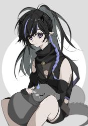 Rule 34 | 1girl, absurdres, animal, arknights, baku (creature), bare shoulders, black gloves, black hair, black scarf, black shirt, black shorts, blacknight (arknights), blue hair, braid, elbow gloves, feet out of frame, gloves, highres, holding, holding animal, horns, lihuashuangxiang, long hair, looking at viewer, multicolored hair, parted lips, partially fingerless gloves, pointy ears, ponytail, purple eyes, scarf, shirt, shorts, sitting, solo, streaked hair, tail