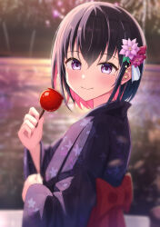 Rule 34 | 1girl, alternate costume, azki (hololive), black hair, blurry, blurry background, blush, candy apple, choppy bangs, closed mouth, colored inner hair, depth of field, flower, food, from side, hair flower, hair ornament, highres, hololive, japanese clothes, kanzashi, kimono, mole, mole under eye, multicolored hair, obi, pink eyes, pink hair, roboco-san (hoodie), sash, smile, solo, typho, upper body, virtual youtuber, yukata