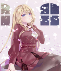 Rule 34 | 1girl, arm at side, assault lily, belt, belt buckle, blonde hair, blurry, blurry background, breasts, brown pantyhose, brown sailor collar, buckle, commentary, falling petals, foot out of frame, from side, hair between eyes, hand in own hair, hand up, high-waist skirt, highres, jewelry, kanba girls high school uniform, large breasts, long hair, long sleeves, looking at viewer, looking to the side, miniskirt, miyagawa takane, naridon, necktie, no shoes, pantyhose, parted lips, petals, pink hair, plaid, plaid skirt, purple eyes, red belt, red shirt, red skirt, ring, sailor collar, school uniform, serafuku, shirt, short necktie, sidelocks, sitting, skirt, solo, very long hair, white necktie, window, yokozuwari