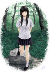 Rule 34 | 1girl, arms behind back, black eyes, black hair, forest, legs, looking at viewer, mcq, nature, original, pleated skirt, rock, signature, skirt, smile, solo, standing, standing on one leg, tree