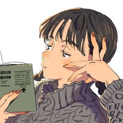 Rule 34 | 1girl, black hair, black sweater, blush, book, braid, brown nails, cable knit, closed mouth, commentary, eyelashes, fingernails, highres, holding, holding book, kariya (kry aia), lips, long eyebrows, long sleeves, medium bangs, nail polish, original, portrait, pursed lips, reading, red nose, short hair, simple background, solo, sweater, turtleneck, turtleneck sweater, twin braids, upper body, white background