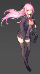 Rule 34 | 1girl, ahoge, bag, black thighhighs, breasts, closed mouth, cropped, detexted, full body, gradient background, grey background, hair ribbon, hand in pocket, highres, leaning forward, loafers, long hair, long sleeves, medium breasts, orange eyes, original, paintbrush, pink hair, pleated skirt, ribbon, school bag, school uniform, serafuku, shoes, shoulder bag, sidelocks, simple background, skirt, smile, solo, standing, swd3e2, thighhighs, third-party edit, vest, zettai ryouiki